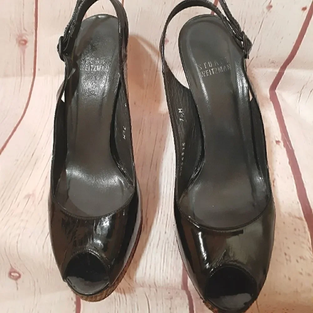 Stuart Weitzman Black Patent Leather Peeptoe Slingback Pumps sz.7.5M MSRP $395